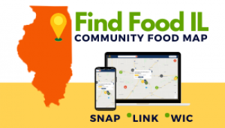 graphic with screenshots of map with Find Food IL